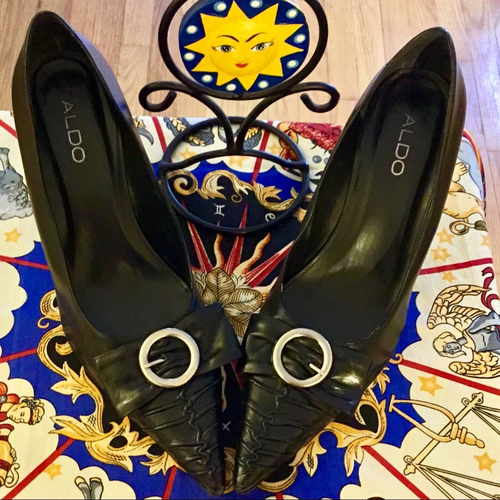ALDO Black Leather Stiletto Pointy Toe Heels